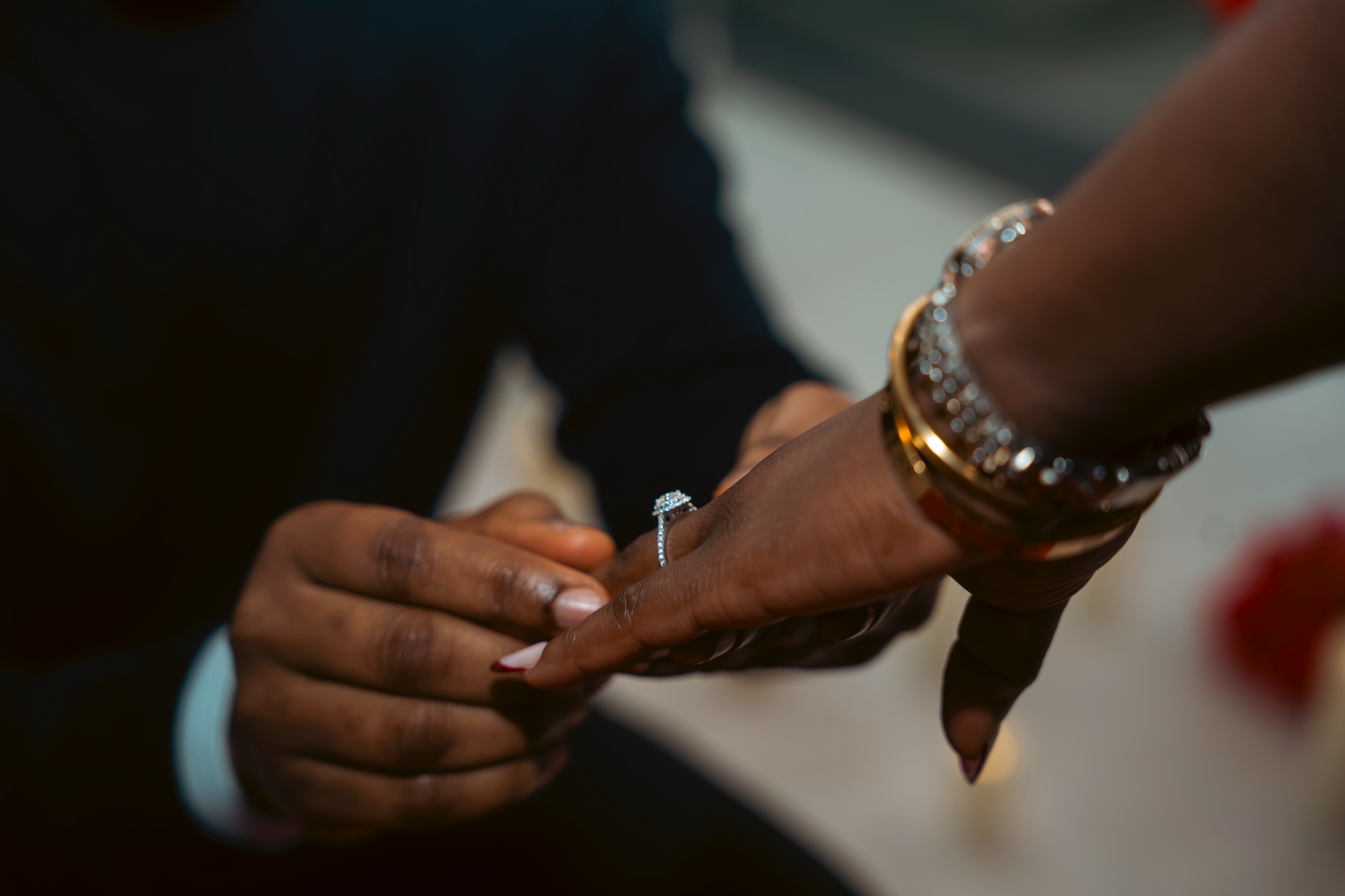 A close-up of the engagement ring